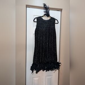 Black Glittery Sleeveless Dress with Feather Hem